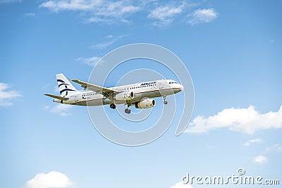 Duesseldorf , Germany - October 05 2017: Aegan Air Airbus A320 landing at Dusseldorf Airport Editorial Stock Photo