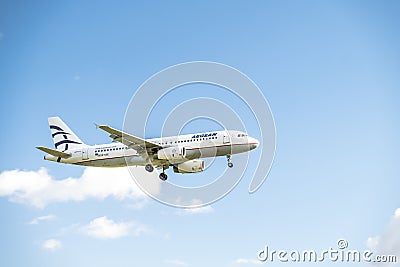 Duesseldorf , Germany - October 05 2017: Aegan Air Airbus A320 landing at Dusseldorf Airport Editorial Stock Photo