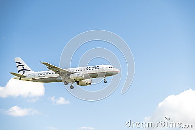 Duesseldorf , Germany - October 05 2017: Aegan Air Airbus A320 landing at Dusseldorf Airport Editorial Stock Photo