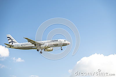 Duesseldorf , Germany - October 05 2017: Aegan Air Airbus A320 landing at Dusseldorf Airport Editorial Stock Photo