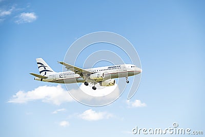 Duesseldorf , Germany - October 05 2017: Aegan Air Airbus A320 landing at Dusseldorf Airport Editorial Stock Photo