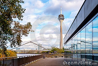 Duesseldorf Media Harbour with tower and Oberkasseler Bruecke , Germany - DÃ¼sseldorf Medienhafen Stock Photo