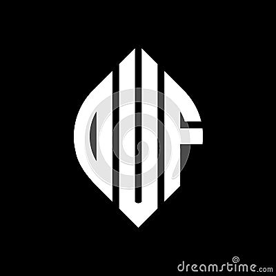 DUF circle letter logo design with circle and ellipse shape. DUF ellipse letters with typographic style. The three initials form a Vector Illustration