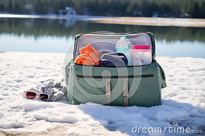 duffel bag filled with towels and swim gear on ice Stock Photo