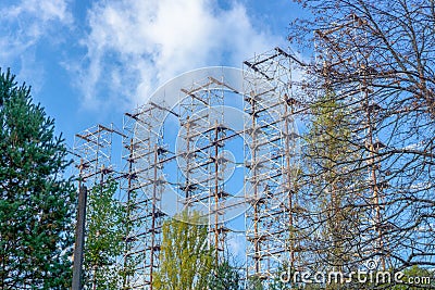 Duga - Soviet over-the-horizon radar system or the Russian Woodpecker. The Steel Giant Near Chernobyl. Stock Photo