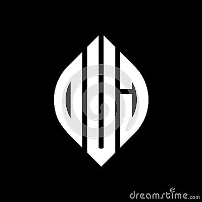 DUJ circle letter logo design with circle and ellipse shape. DUJ ellipse letters with typographic style. The three initials form a Vector Illustration