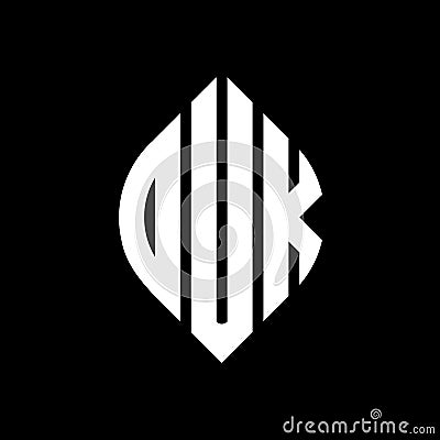 DUK circle letter logo design with circle and ellipse shape. DUK ellipse letters with typographic style. The three initials form a Vector Illustration