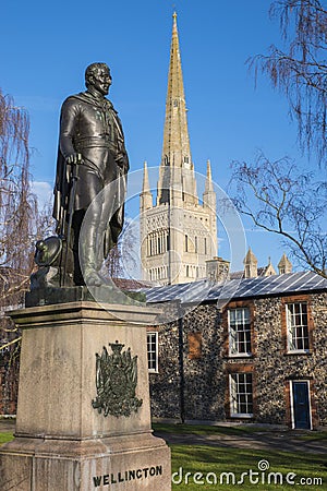 Duke of Wellington Statue and Norwich Cathedral Editorial Stock Photo