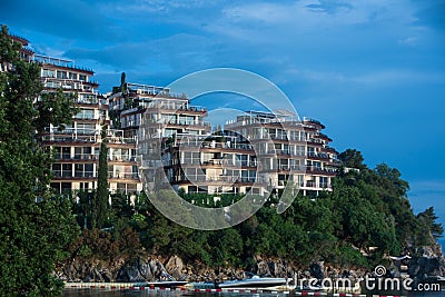 Dukley Gardens - luxury complex of hotels on Budva town, near sea. Budva, Montenegro Editorial Stock Photo