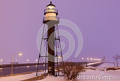 Duluth Harbor South Breakwater Inner Lighthouse during snow storm Stock Photo