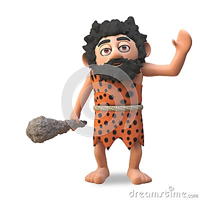 Dumb cartoon 3d caveman in animal pet waving hello and carrying a barbaric club, 3d illustration Cartoon Illustration