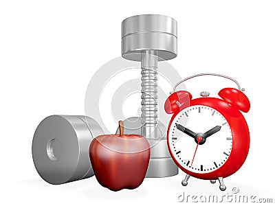 Dumbbell Apple and Alarm Clock Cartoon Illustration