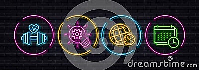 Dumbbell, Cogwheel and Time zone minimal line icons. For web application, printing. Neon laser 3d lights. Vector Vector Illustration