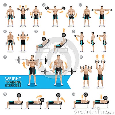 Dumbbell Exercises and Workouts Weight Training. Vector Illustration