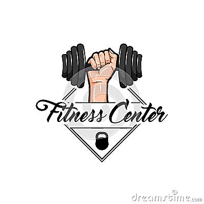 Dumbbell, Kettlebell badges. Fitness center logo label design. Hand holding dumbbell. Vector. Vector Illustration