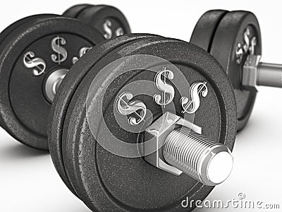 Dumbbell weights with money sign Stock Photo