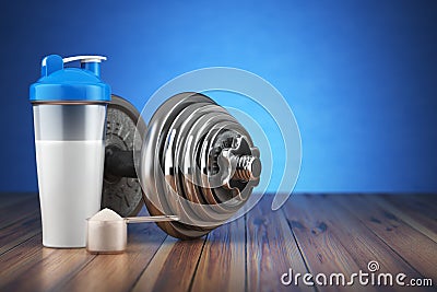 Dumbbell and whey protein shaker. Sports bodybuilding supplement Cartoon Illustration