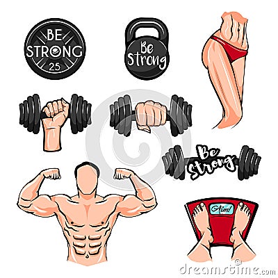 Dumbbells, Bodybuilder, Fitness body, Weigth Kettlebell. Fitness gym icons. Vector. Vector Illustration