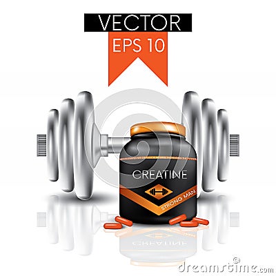 Dumbbells, capsules and a jar with creatine. Vector illustration. Sports and sports nutrition. Vector Illustration