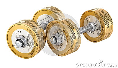 Dumbbells with euro coins as a weight disks, 3D rendering Stock Photo