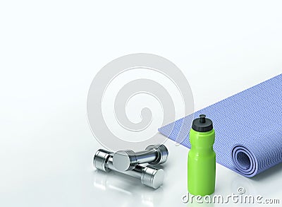 Dumbbells, fitness mat and a bottle of water Stock Photo