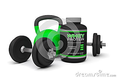 Dumbbells kettlebell jar protein powder whey sport bodybuilding Stock Photo