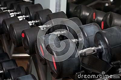 Dumbbells lined up in a fitness center Stock Photo