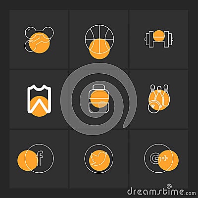 dumbell , basketball , facebook , twitter , google plus , sports Vector Illustration