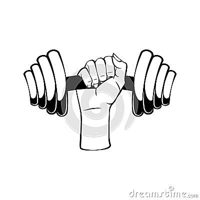 Dumbell. Fist. Hand holding dumbbell. Fitness badge. Sport equipment. Vector. Vector Illustration