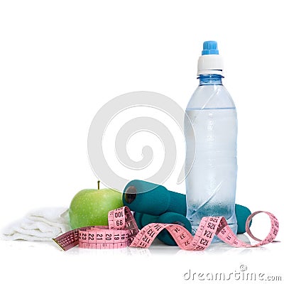 Dumbells, apple and measuring Stock Photo