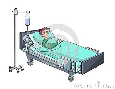 Man resting in a hospital bed Vector Illustration