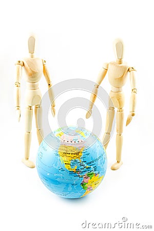 Dummy wooden with world map on white background Stock Photo