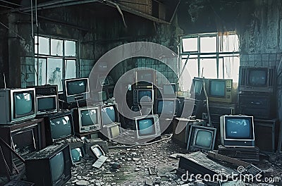 dump of old broken obsolete computer with displays or tv, pile of junk electronics, industrial concept Stock Photo