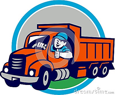 Dump Truck Driver Thumbs Up Circle Cartoon Vector Illustration
