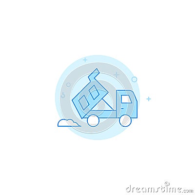 Dump truck dumps pile of sand or dirt flat vector icon. Filled line style. Blue monochrome design. Editable stroke Vector Illustration