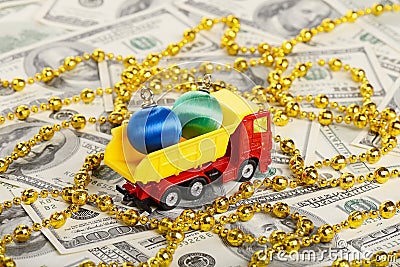 Dump truck toy transported New Year toys Stock Photo