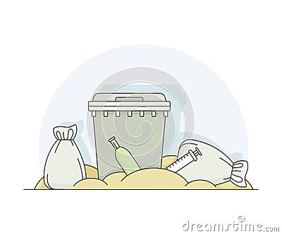 Dump with Unsorted Trash and Garbage Bags Piled Together Line Vector Illustration Vector Illustration