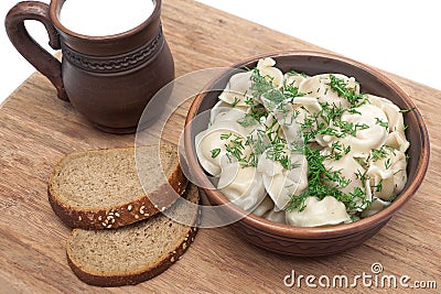 Dumplings with meat: Pelmeni russian national dish. Stock Photo