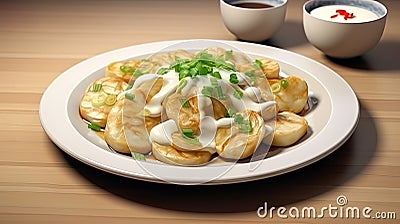 Dumplings with potatoes and mushrooms, fried with onions Stock Photo