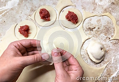 Dumplings raw and dough, traditional making of Russian pelmeni. Process of cooking ravioli, tortellini and pierogi with meat Stock Photo