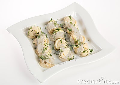 Dumplings Russian pelmeni - Italian ravioli Stock Photo