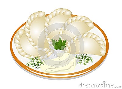 Dumplings with sour cream on the plate Vector Illustration