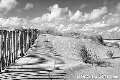 Dune landscape and fence in black and white Stock Photo