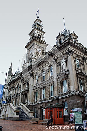 Dunedin, New Zealand - June 21, 2016: Dunedin Town Hall at the Octagon in the city centre on a cloudy winter day Editorial Stock Photo