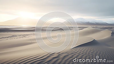 Apocalyptic Ocean Dunes With Majestic Mountain Backdrop Stock Photo