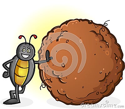 Dung Beetle with a Big Ball of Poop Cartoon Character Vector Illustration