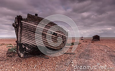 Dungeness hulk on the shingle Stock Photo