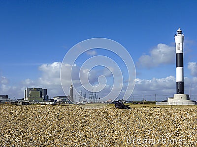 Dungeness Lighthouse and nuclear power station - England Stock Photo