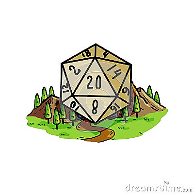 Dungeon and dragons board game. Dice d20 and cartoon cave entrance. Vector Illustration