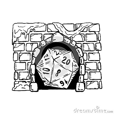 Dungeon and dragons board game. 20 sided dice and entrance to castle. Vector Illustration